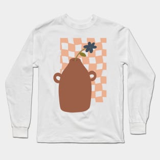 large terracotta vase with single blue flower on checkerboard background Long Sleeve T-Shirt